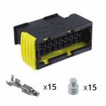 Kit chicote / conector desmontado 16 vias com 15 terminais fêmea para módulo eletrônico PLD MR2 / MRII Euro 5 Mercedes-Benz motor OM457 OM501 OM906 OM924 Accelo Atego Atron Axor caminhão e ônibus