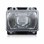 Farol principal cara preta lado esquerdo com lente de vidro para lâmpada H4 com meia-luz aro cromado e suporte de plástico