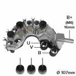 Retificador do alternador 80A / 90A Valeo SG8B / SG9B Citroën Berlingo C2 C3 C4 C5 C8 C15 Evasion Xsara Picasso Fiat Fiorino Peugeot 206 207 306 307 406 407 607 806 807 1007 Bipper Expert Partner - ligações