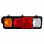 Conjunto de lanterna traseira tricolor (âmbar / cristal / vermelha) com triângulo retrorrefletor e lanterna lateral lado esquerdo Guerra carrocerias